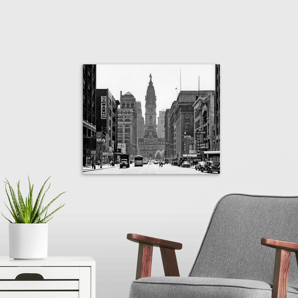 A modern room featuring 1950's Downtown Philadelphia Pa USA Looking South Down North Broad Street At City Hall.