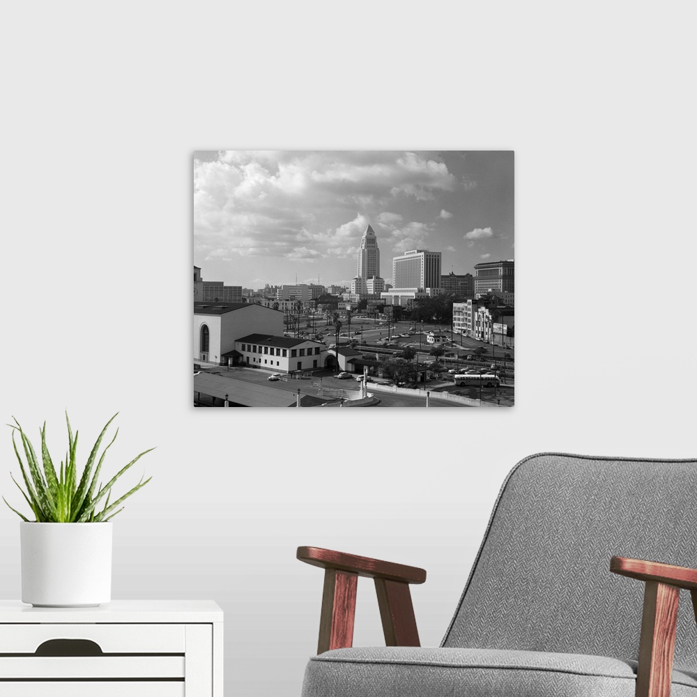 A modern room featuring 1950's Los Angeles Civic Center With Union Station In Foreground California USA.