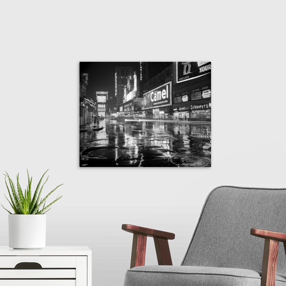A modern room featuring 1950's Wet Rainy Streets Of Times Square At Night Neon Signs Advertising New York City NY USA.