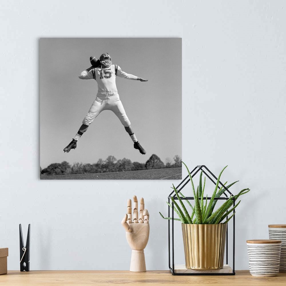 A bohemian room featuring 1960's Quarterback Jumping And Throwing Pass