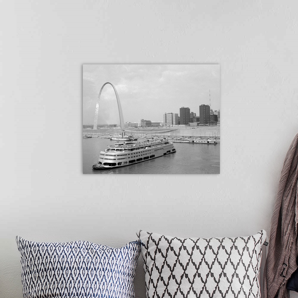A bohemian room featuring 1960's St. Louis Missouri Gateway Arch Skyline Mississippi River Ss Admiral Casino And Other Rive...