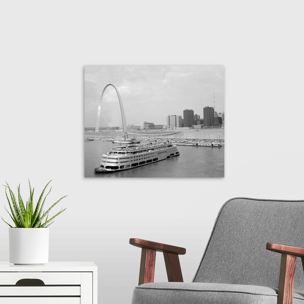 A modern room featuring 1960's St. Louis Missouri Gateway Arch Skyline Mississippi River Ss Admiral Casino And Other Rive...