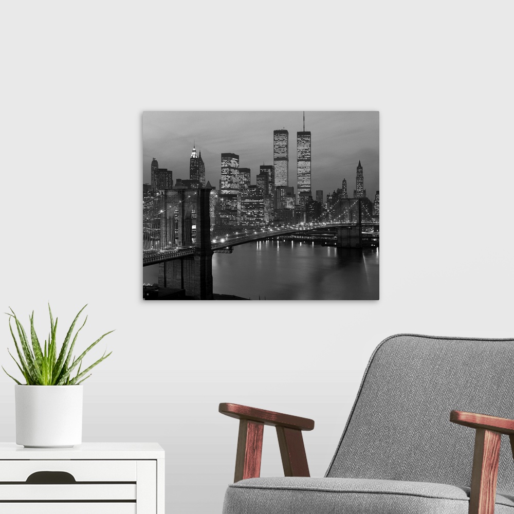 A modern room featuring 1980's New York City Lower Manhattan Skyline Brooklyn Bridge World Trade Center.