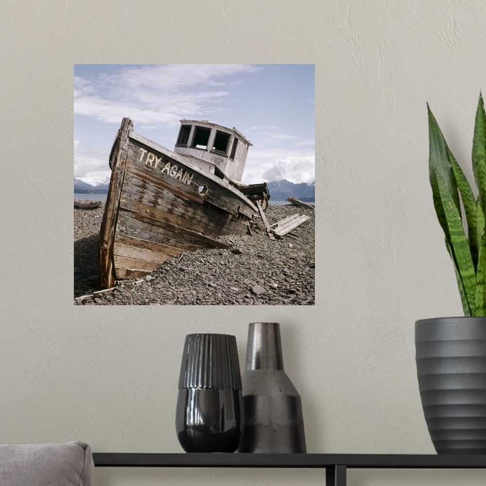 A modern room featuring 1980's Try Again Boat Wreck, Homer, Alaska, USA