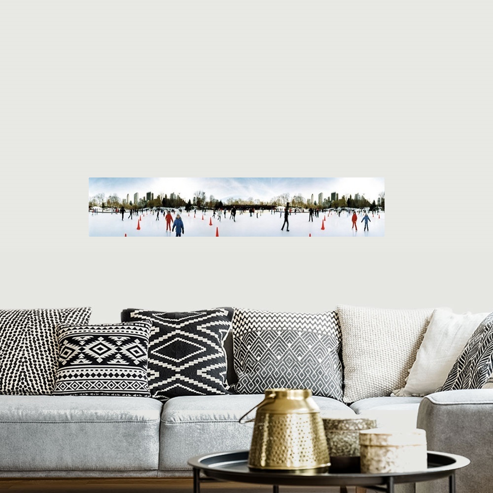 A bohemian room featuring 360 degree view of tourists ice skating Wollman Rink Central Park Manhattan New York City New Yor...