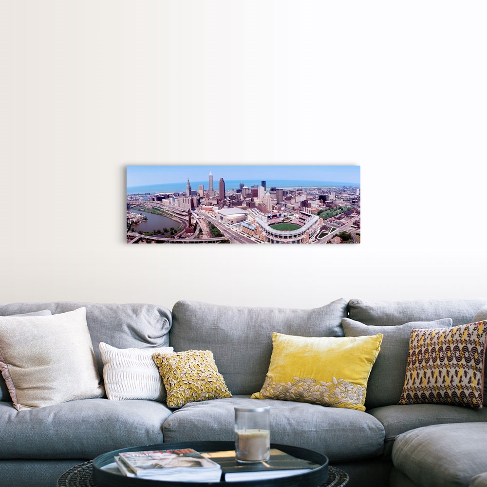 A farmhouse room featuring Wide angle aerial photograph of downtown, Lake Erie, and stadium.