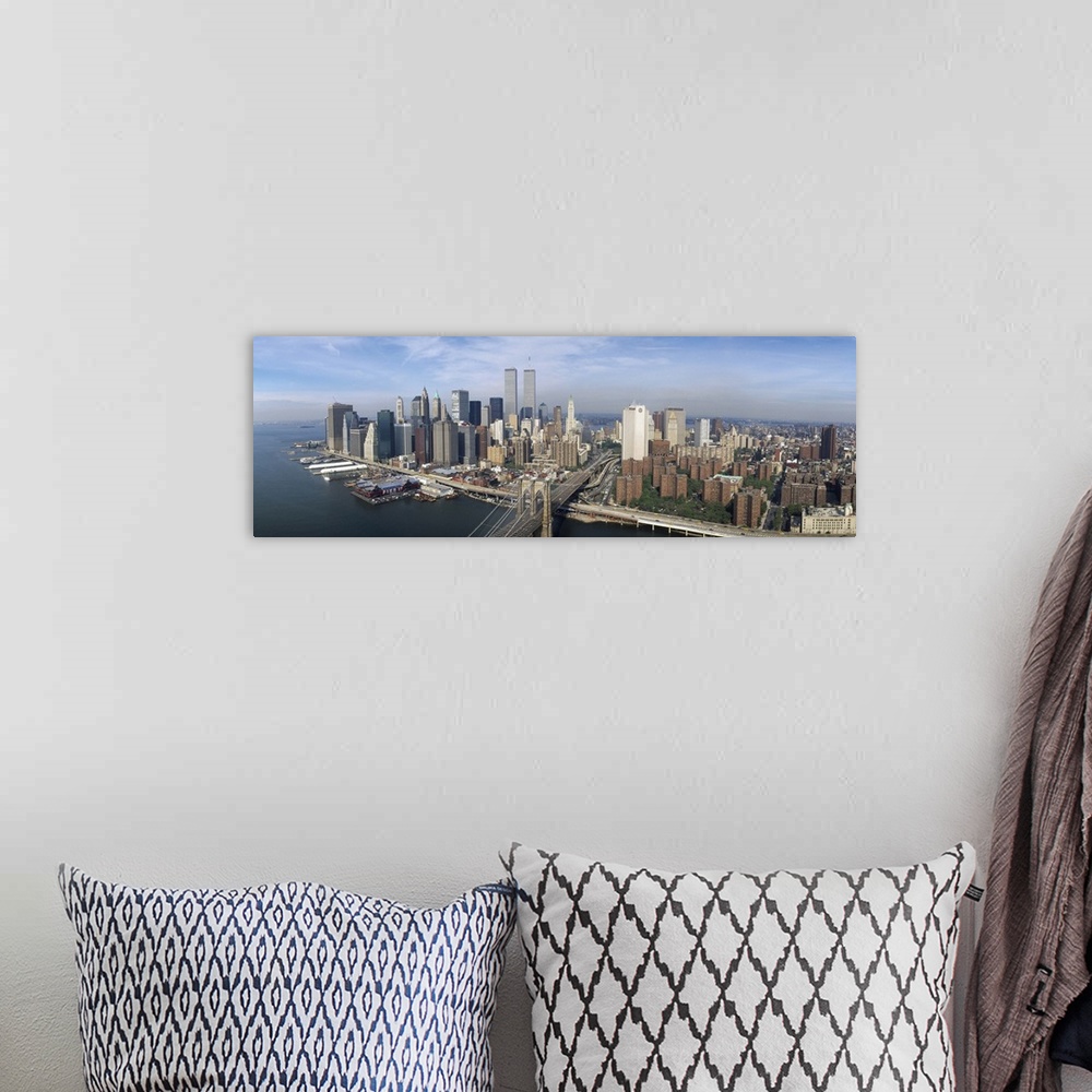 A bohemian room featuring Aerial Manhattan  Brooklyn Bridge New York City NY