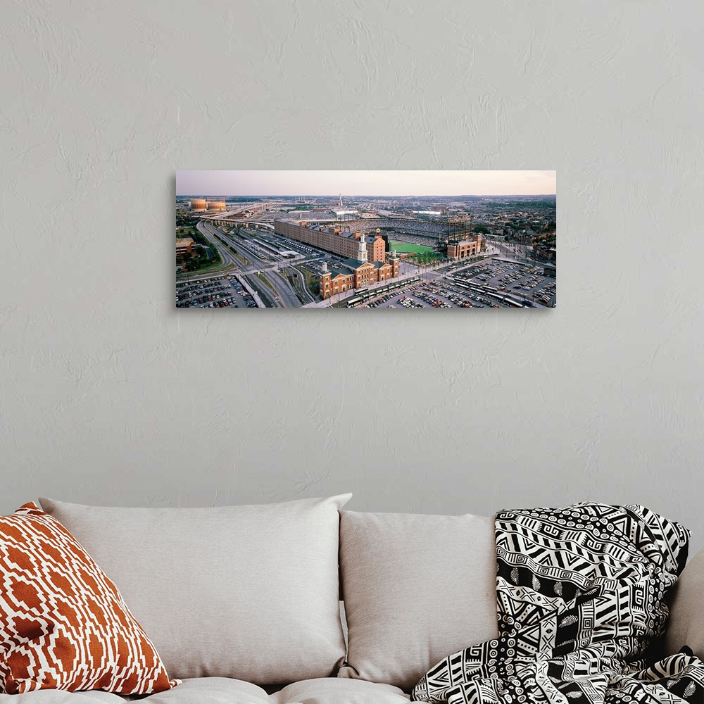 A bohemian room featuring Wide angle aerial picture taken of Baltimore Maryland and the Orioles stadium.