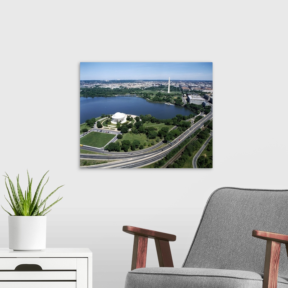A modern room featuring Aerial view of a building near a river, Jefferson Memorial, Washington DC