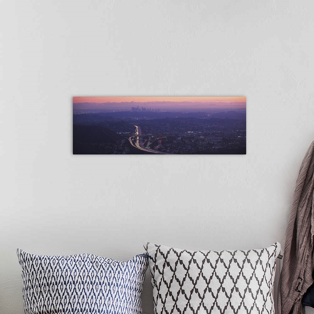A bohemian room featuring Aerial view of a city at dusk looking towards Los Angeles, Glendale, California