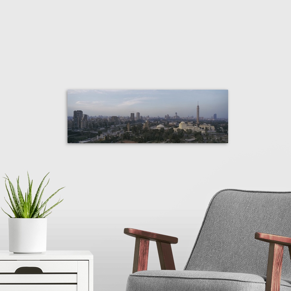 A modern room featuring Aerial view of a city, Cairo Tower on right, Gezira Island, Cairo, Egypt