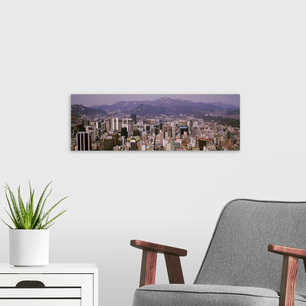 A modern room featuring Aerial view of a city, Central Business District, Seoul, South Korea