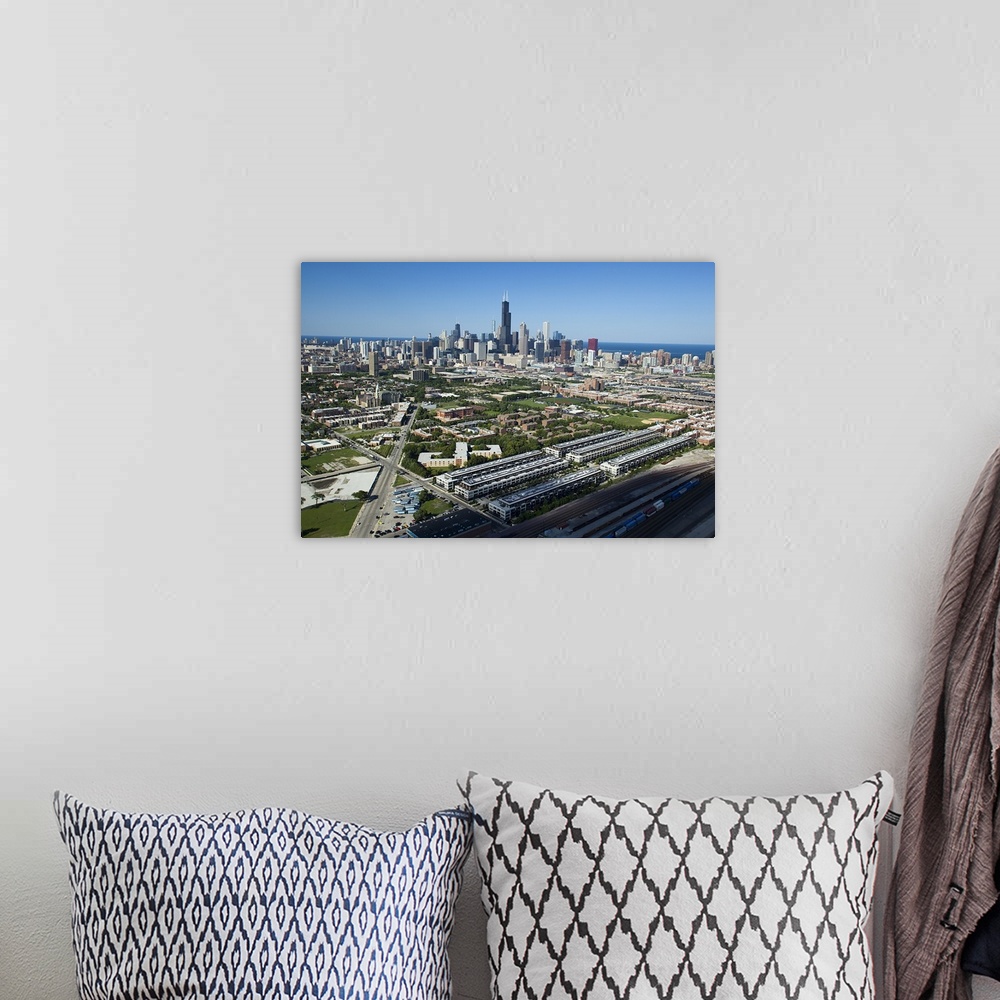 A bohemian room featuring Aerial view of a city, Chicago, Cook County, Illinois, USA