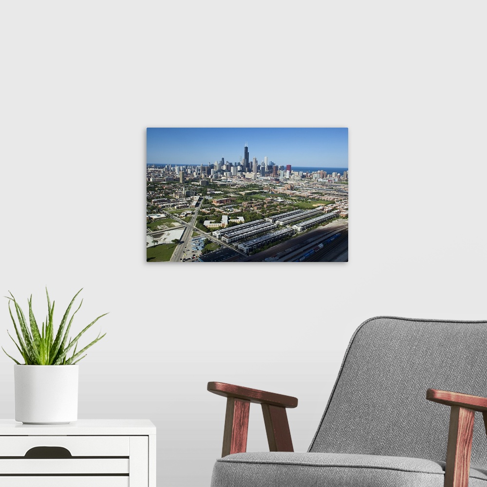 A modern room featuring Aerial view of a city, Chicago, Cook County, Illinois, USA