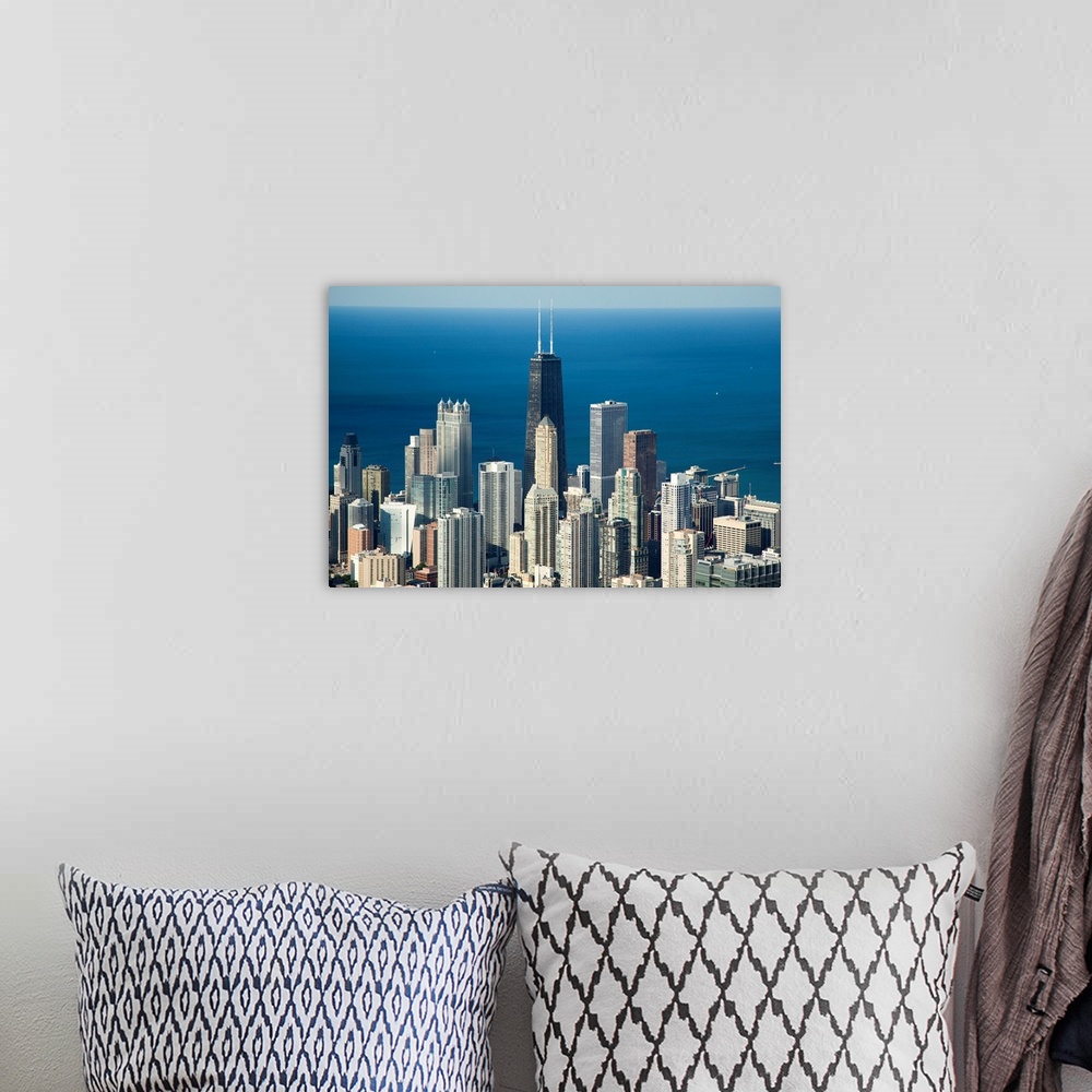 A bohemian room featuring Aerial view of a city, Hancock Building, Lake Michigan, Chicago, Cook County, Illinois, USA