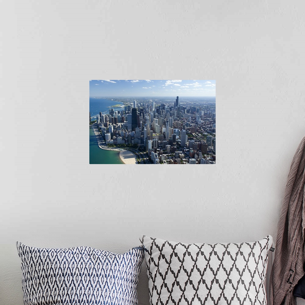 A bohemian room featuring Giant, landscape, aerial photograph along the Lake Michigan shoreline of Chicago, Illinois.