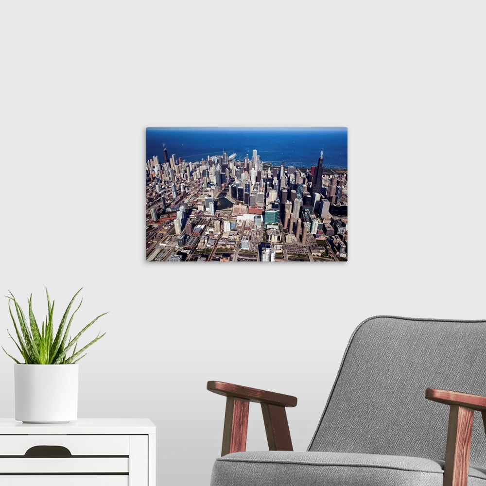A modern room featuring Aerial view of a city, Lake Michigan, Chicago, Cook County, Illinois, USA