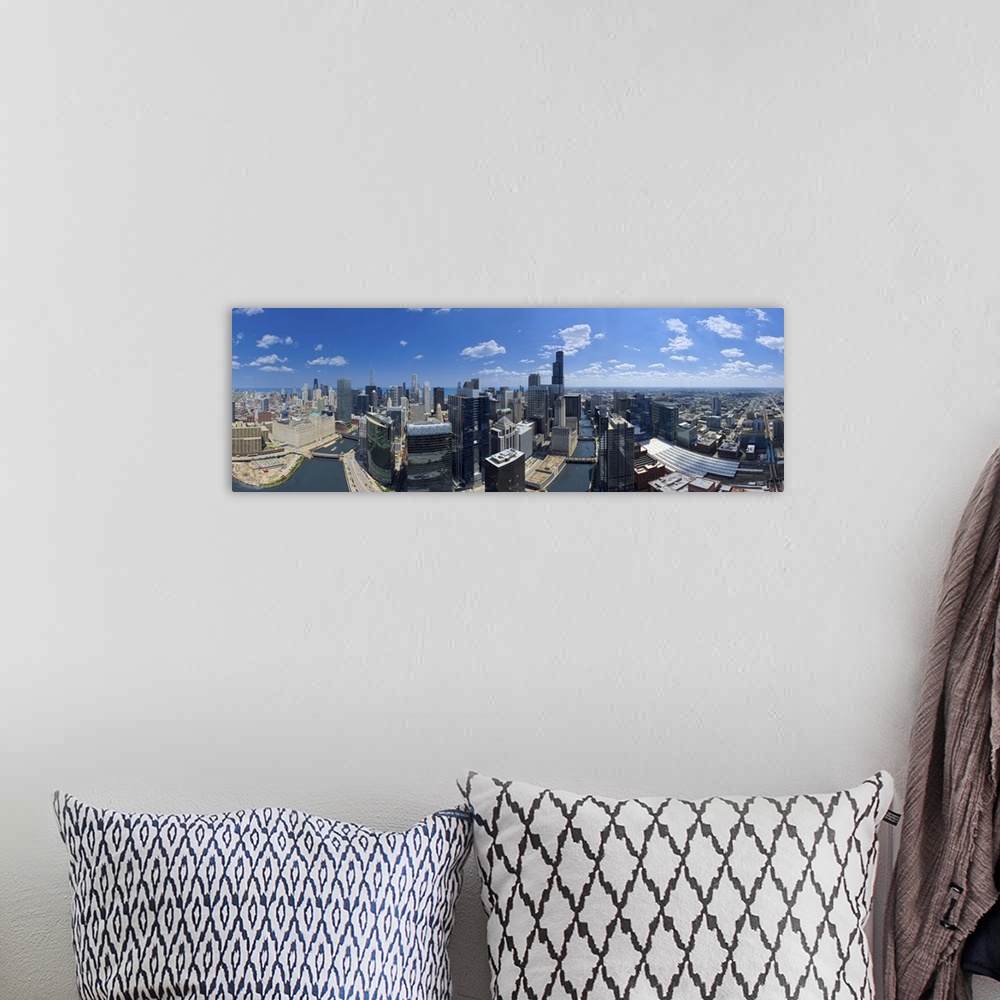 A bohemian room featuring Aerial view of a city, Lake Michigan, Chicago, Cook County, Illinois, USA.