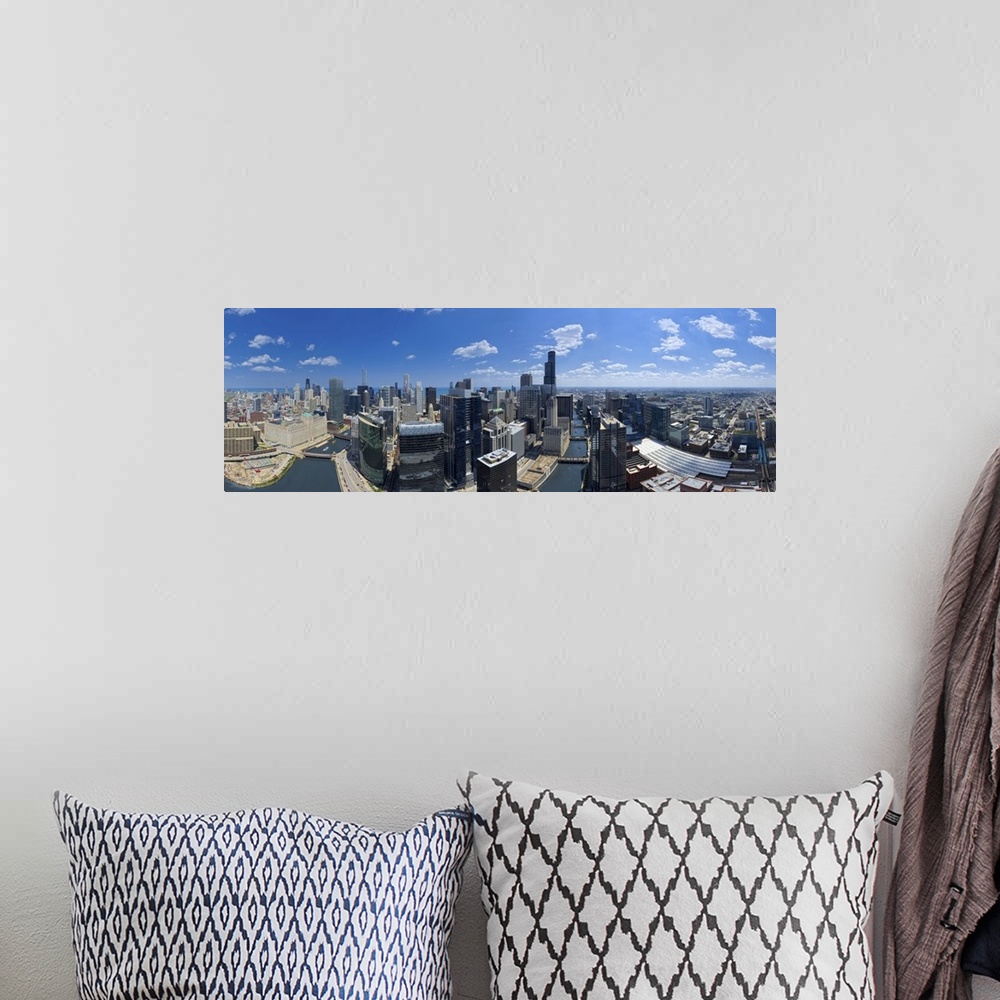 A bohemian room featuring Aerial view of a city, Lake Michigan, Chicago, Cook County, Illinois, USA.