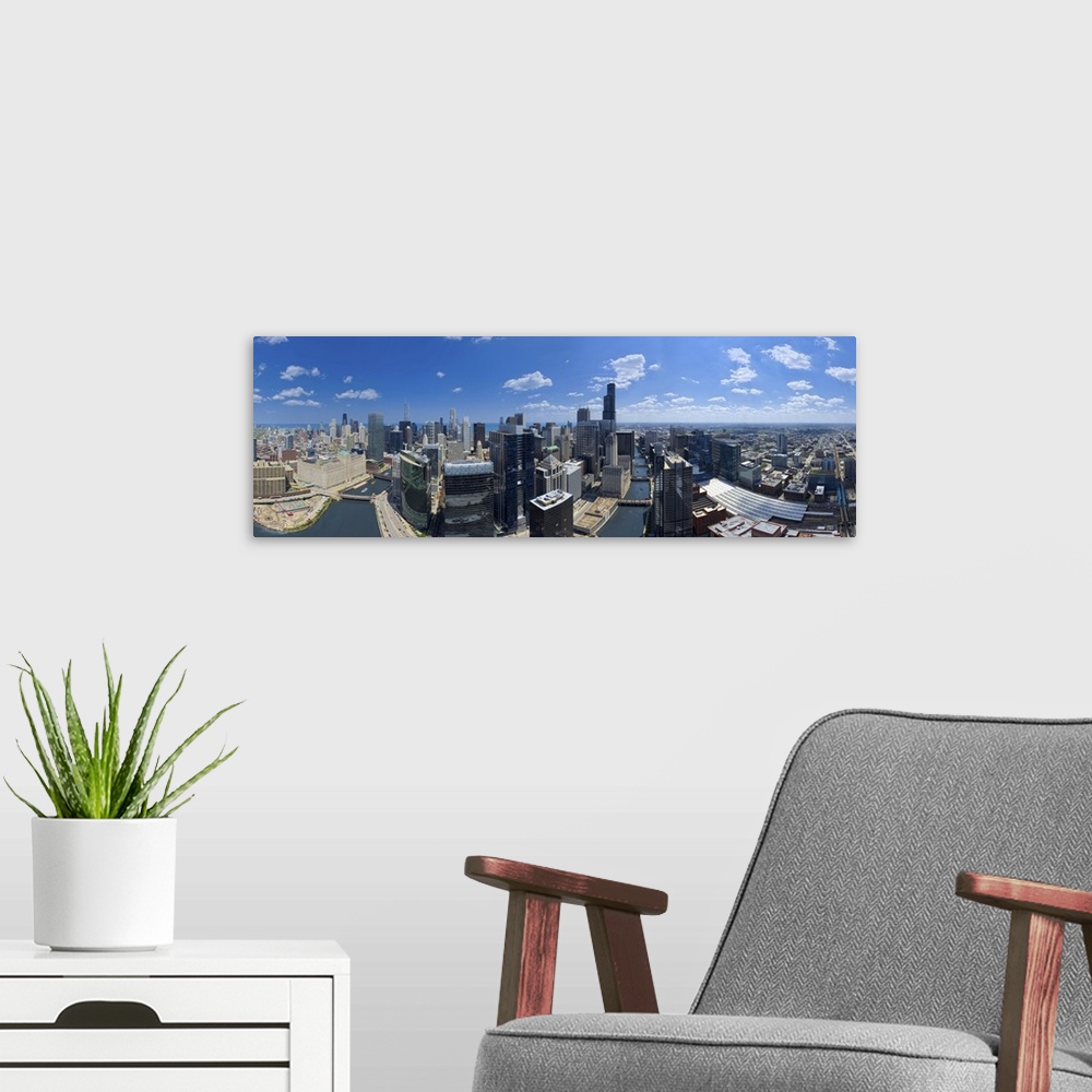 A modern room featuring Aerial view of a city, Lake Michigan, Chicago, Cook County, Illinois, USA.