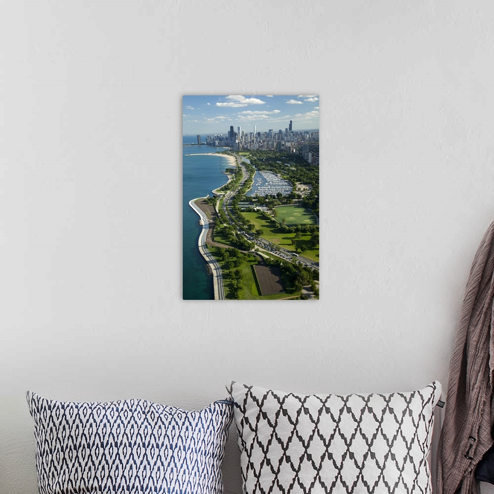A bohemian room featuring Giant, vertical, aerial photograph of the Lake Michigan shoreline, along Lake Shore Drive in Chic...