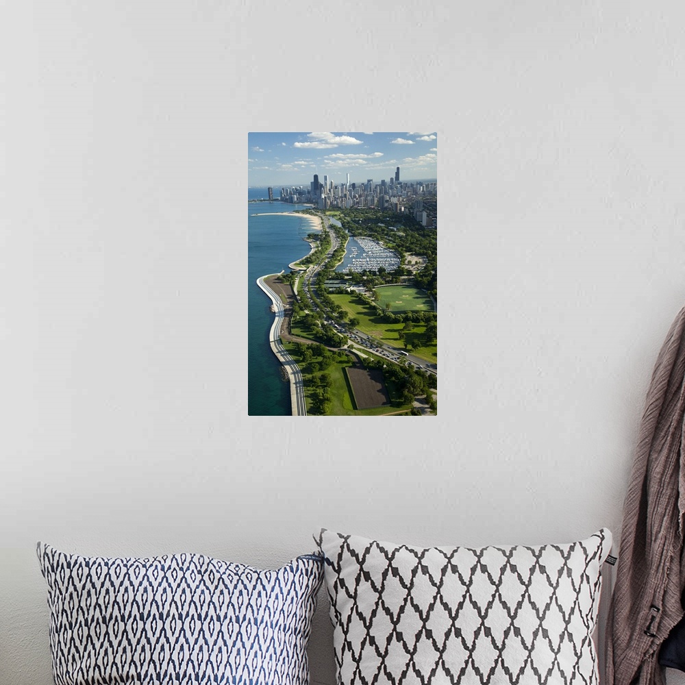 A bohemian room featuring Giant, vertical, aerial photograph of the Lake Michigan shoreline, along Lake Shore Drive in Chic...