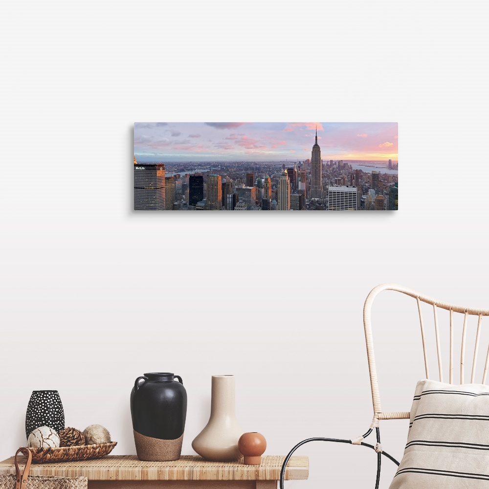 A farmhouse room featuring Panoramic canvas of the NYC cityscape seen from above with a beautiful sunset and views of the wa...
