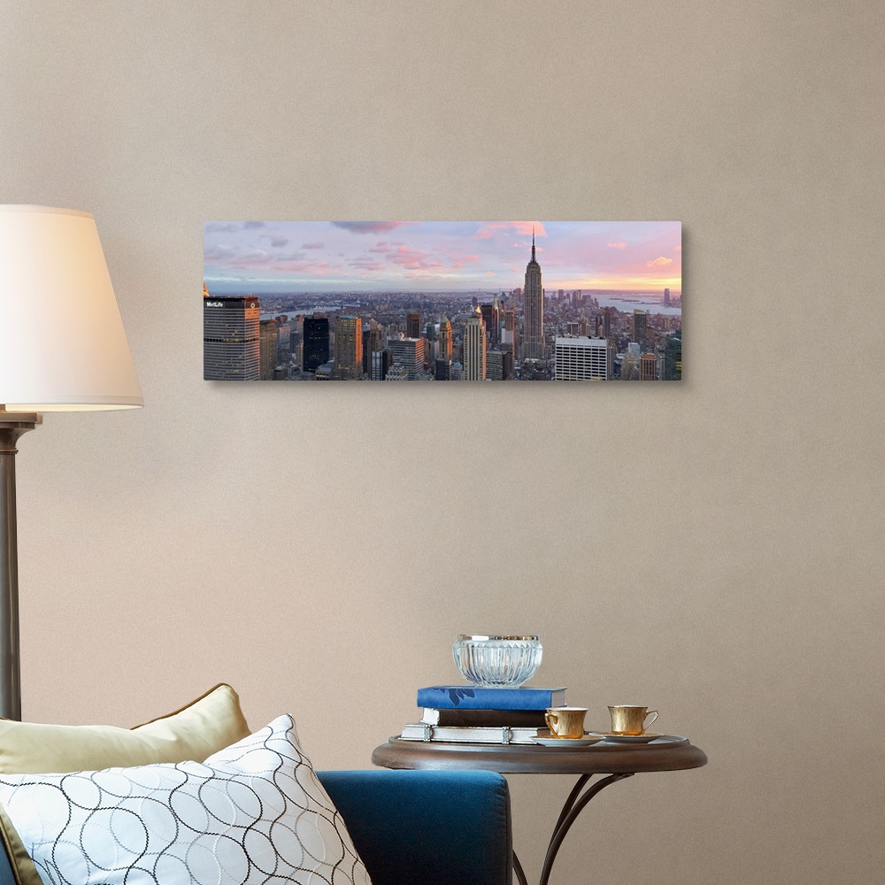 A traditional room featuring Panoramic canvas of the NYC cityscape seen from above with a beautiful sunset and views of the wa...