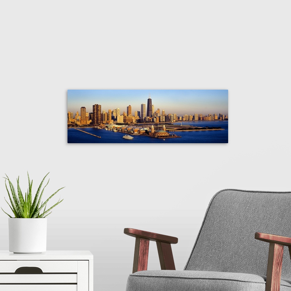 A modern room featuring Aerial view of a city, Navy Pier, Lake Michigan, Chicago, Cook County, Illinois