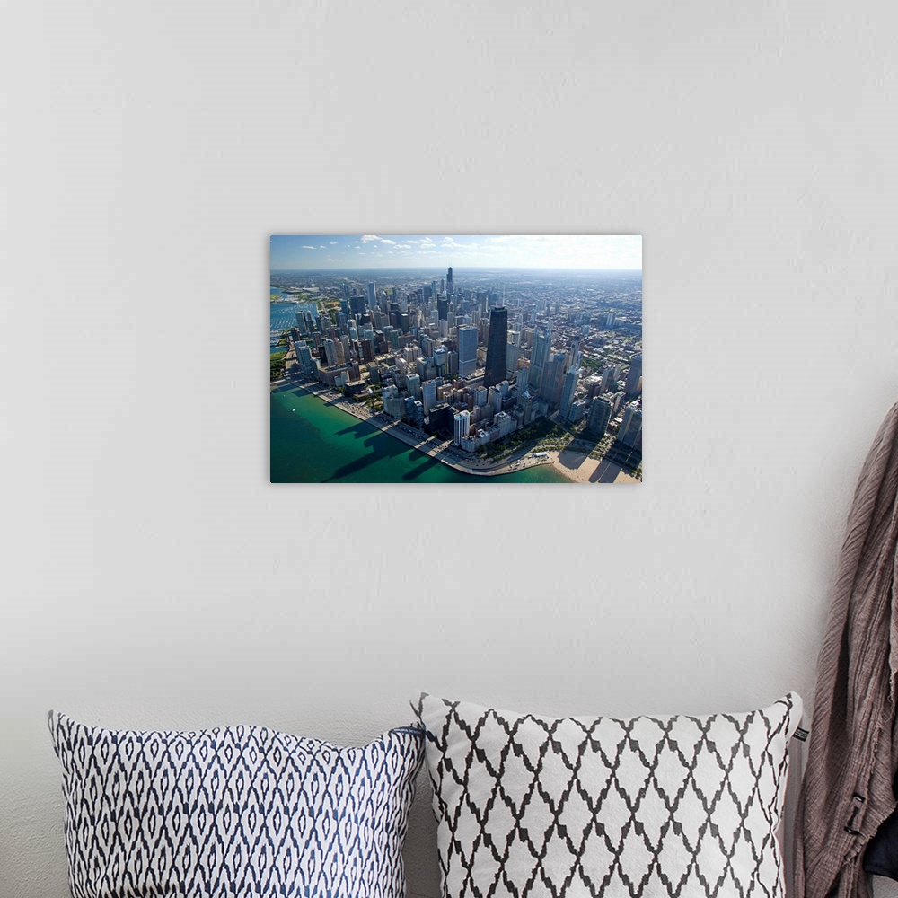 A bohemian room featuring Aerial view of a city, Oak Street Beach, Lake Michigan, Chicago, Cook County, Illinois, USA