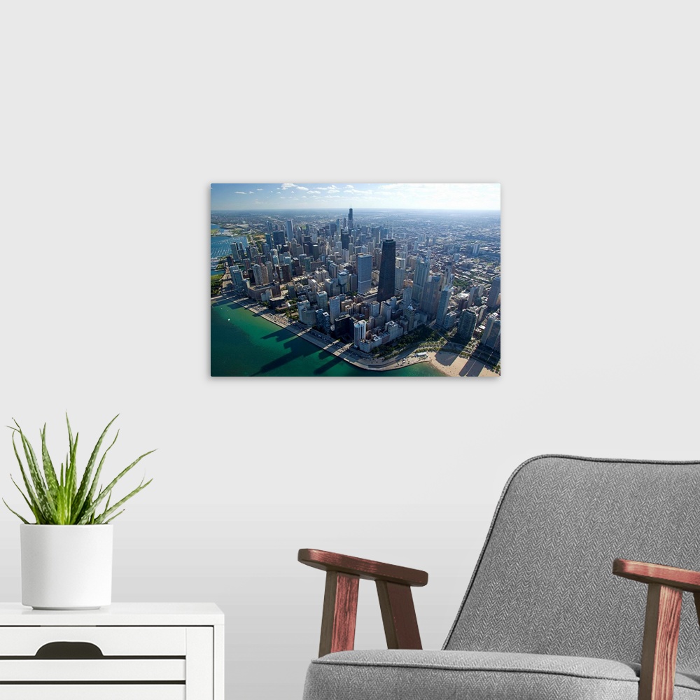 A modern room featuring Aerial view of a city, Oak Street Beach, Lake Michigan, Chicago, Cook County, Illinois, USA