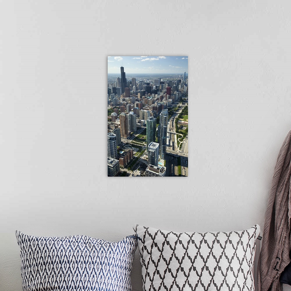A bohemian room featuring Aerial view of a city, Willis Tower, Lake Shore Drive, Chicago, Cook County, Illinois, USA