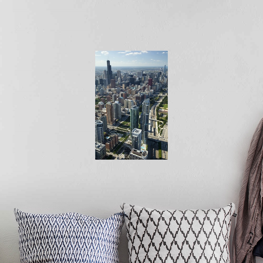 A bohemian room featuring Aerial view of a city, Willis Tower, Lake Shore Drive, Chicago, Cook County, Illinois, USA