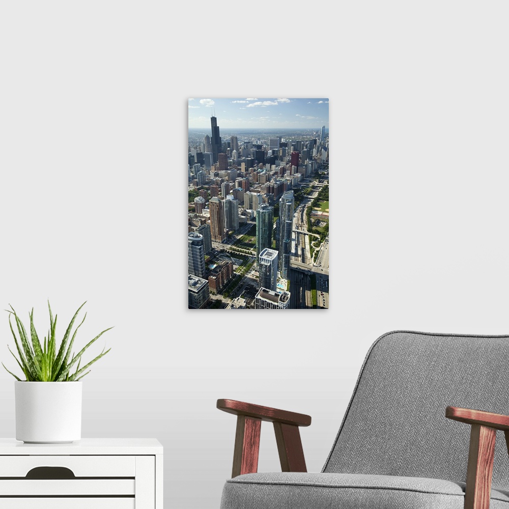A modern room featuring Aerial view of a city, Willis Tower, Lake Shore Drive, Chicago, Cook County, Illinois, USA