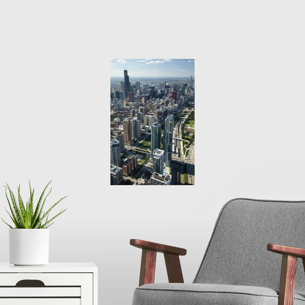 A modern room featuring Aerial view of a city, Willis Tower, Lake Shore Drive, Chicago, Cook County, Illinois, USA