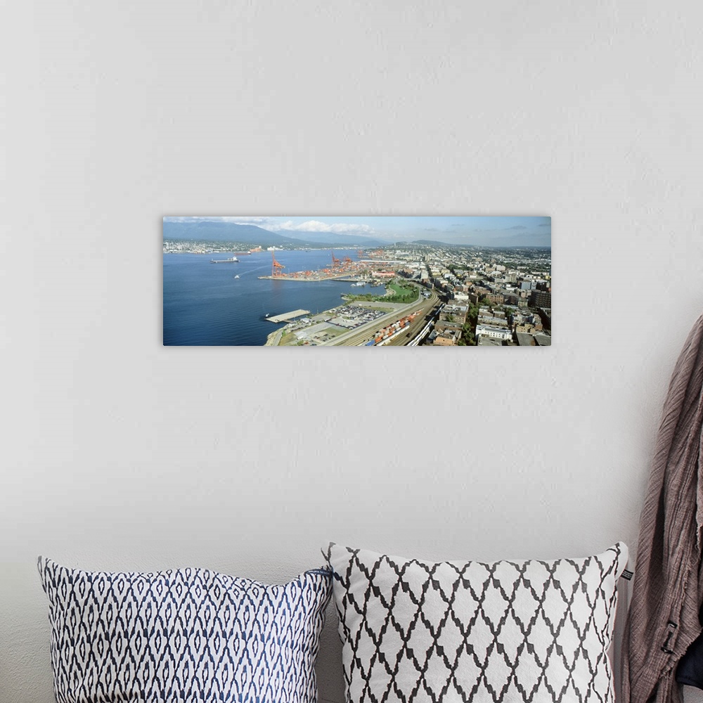 A bohemian room featuring Aerial view of a harbor and buildings in a city, Vancouver, British Columbia, Canada