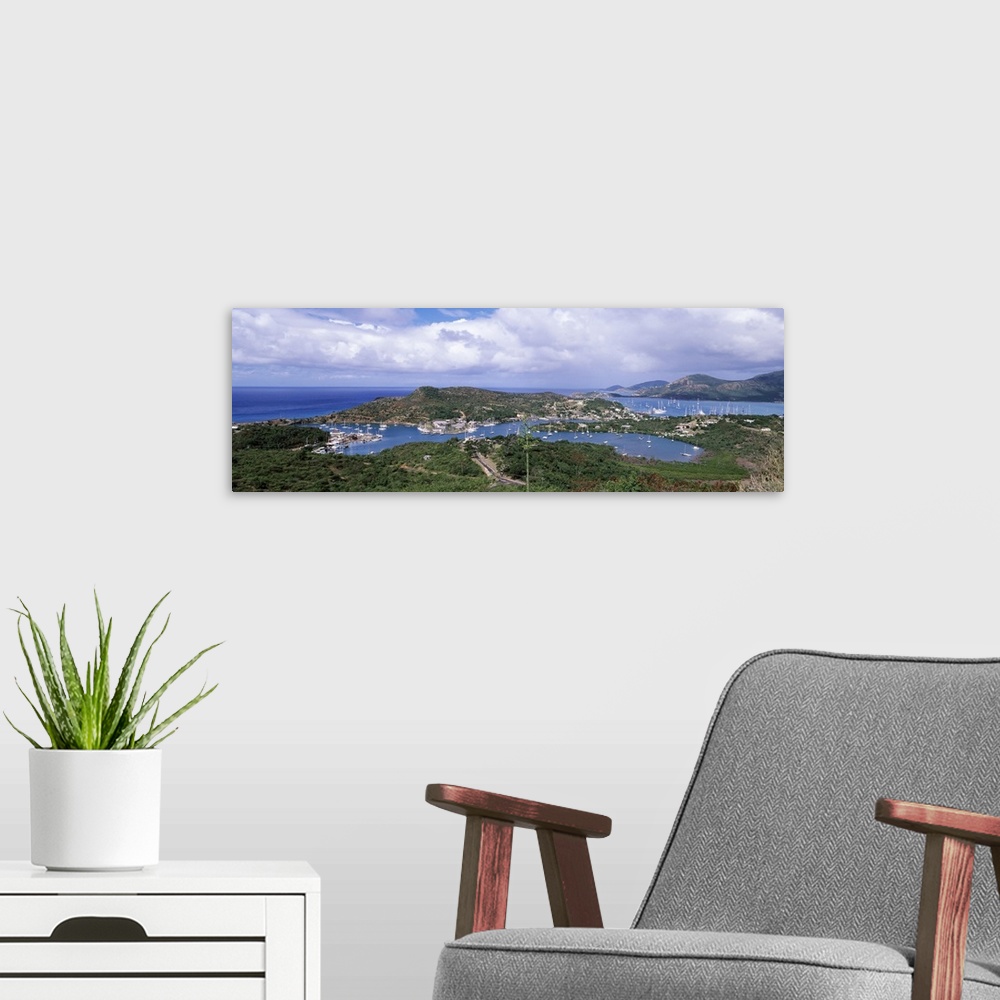 A modern room featuring Aerial view of a harbor, English Harbour, Falmouth Bay, Antigua, Antigua and Barbuda