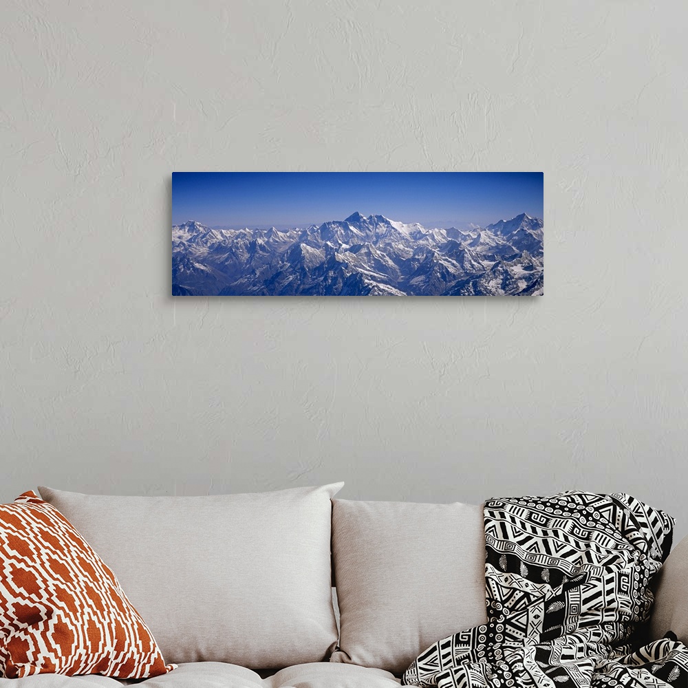 A bohemian room featuring Aerial view of a mountain range, Himalayas, Kathmandu, Nepal