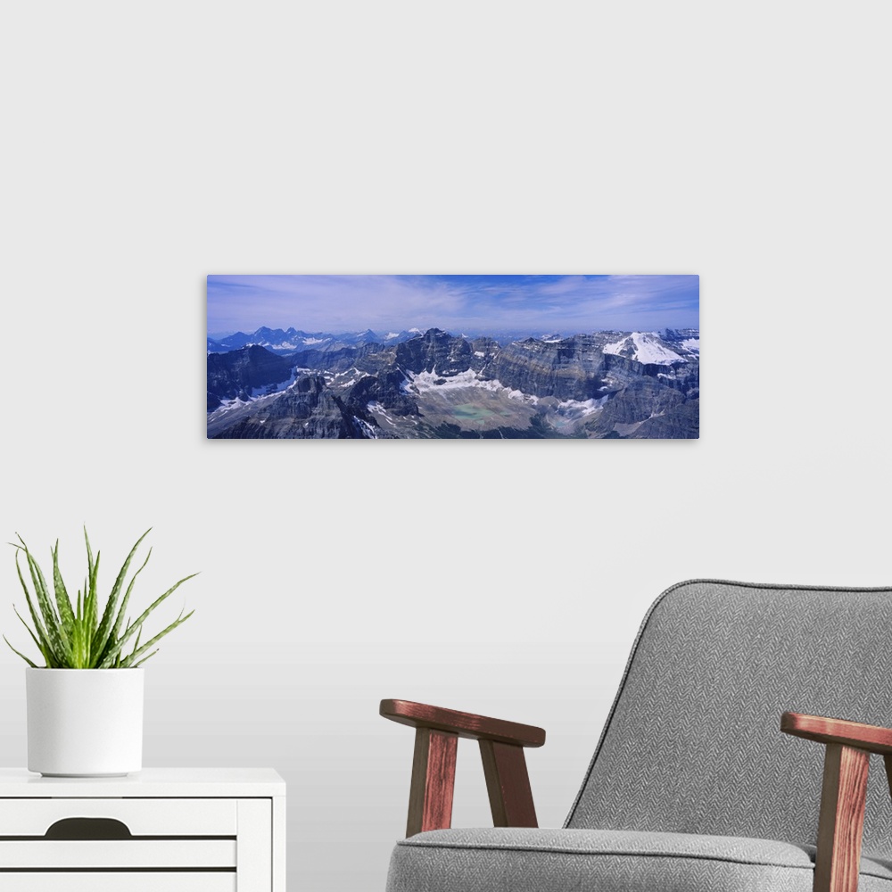 A modern room featuring Aerial view of a mountain range, Mt Temple, Banff National Park, Alberta, Canada
