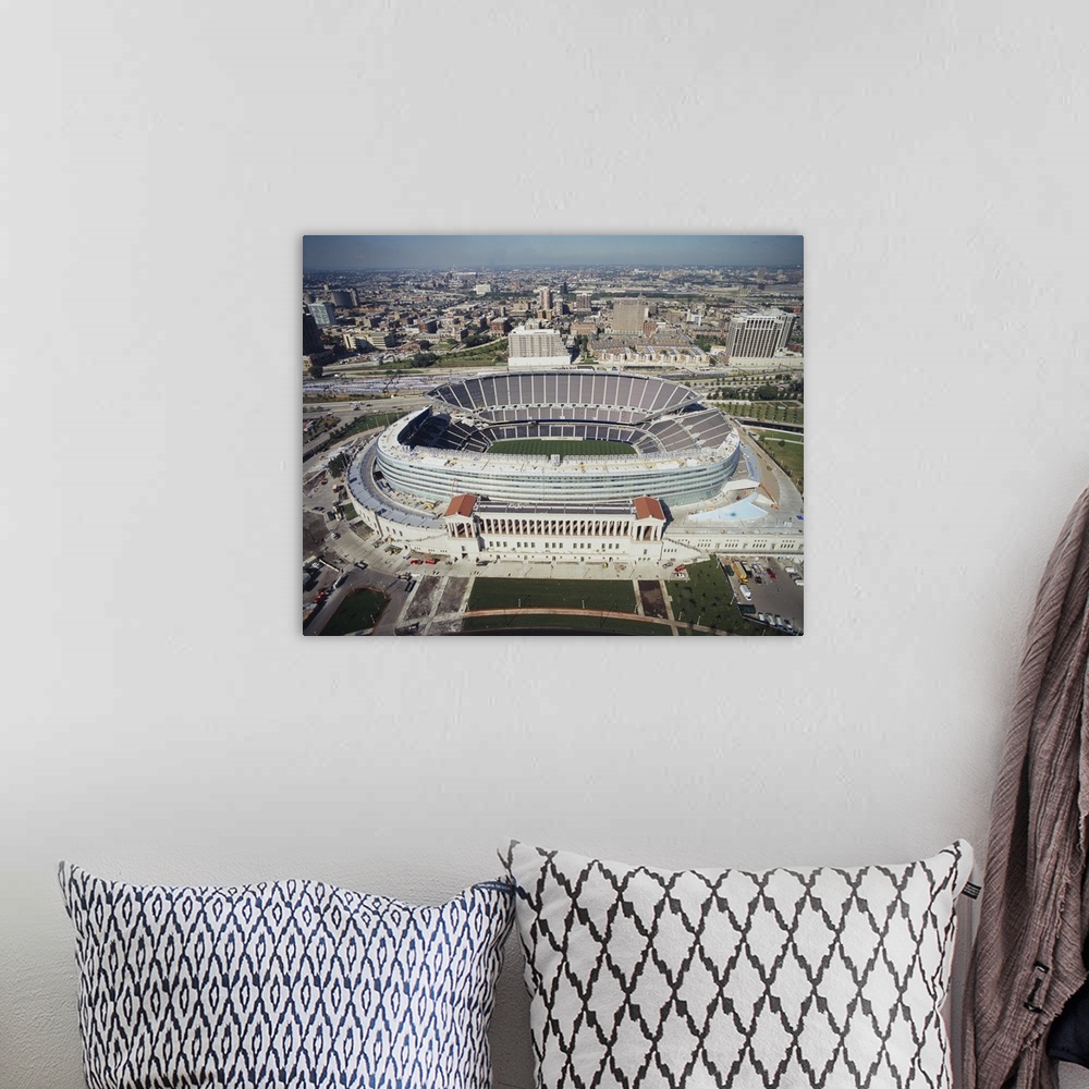 A bohemian room featuring Aerial view of a stadium, Soldier Field, Chicago, Illinois
