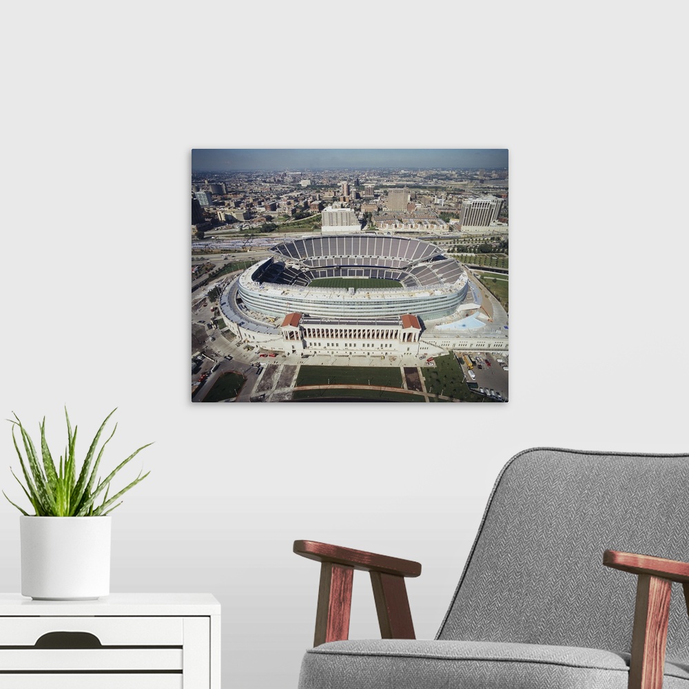 A modern room featuring Aerial view of a stadium, Soldier Field, Chicago, Illinois