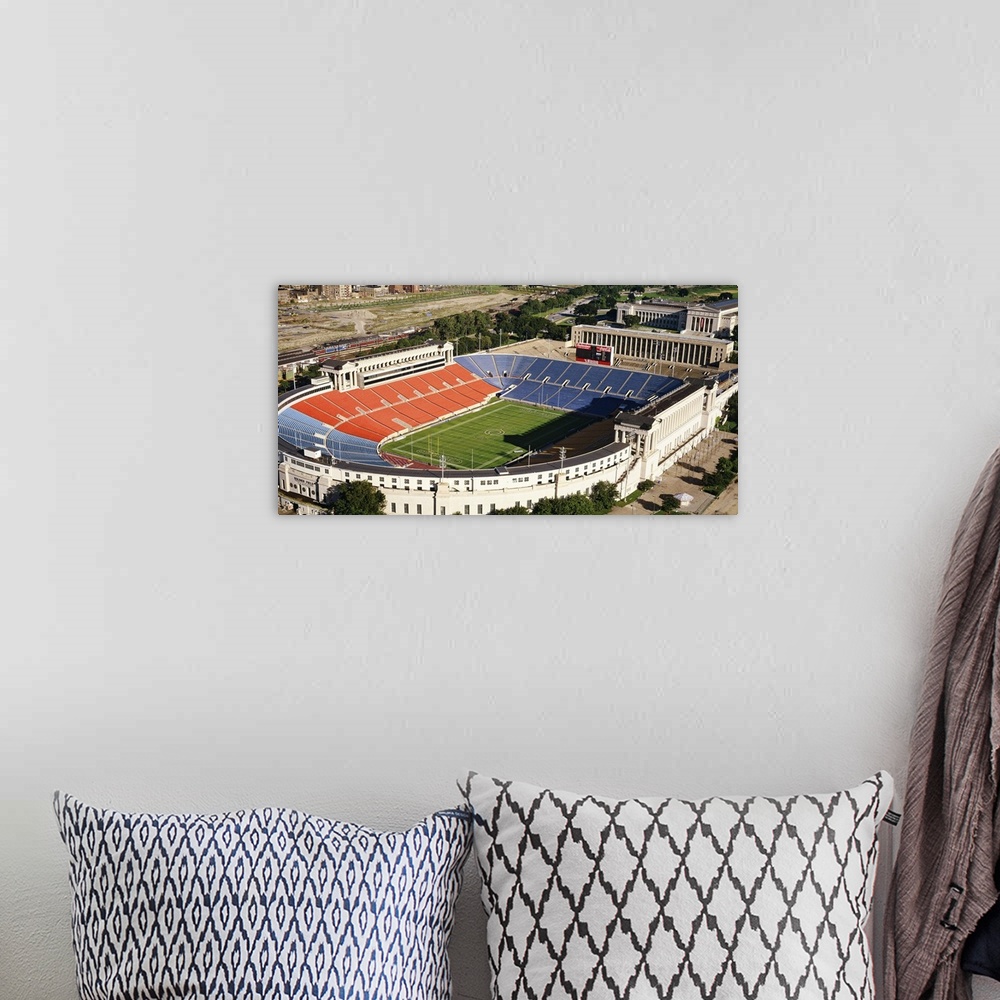 A bohemian room featuring Photo on canvas of the oldest NFL stadium which home to the Chicago Bears seen from above.