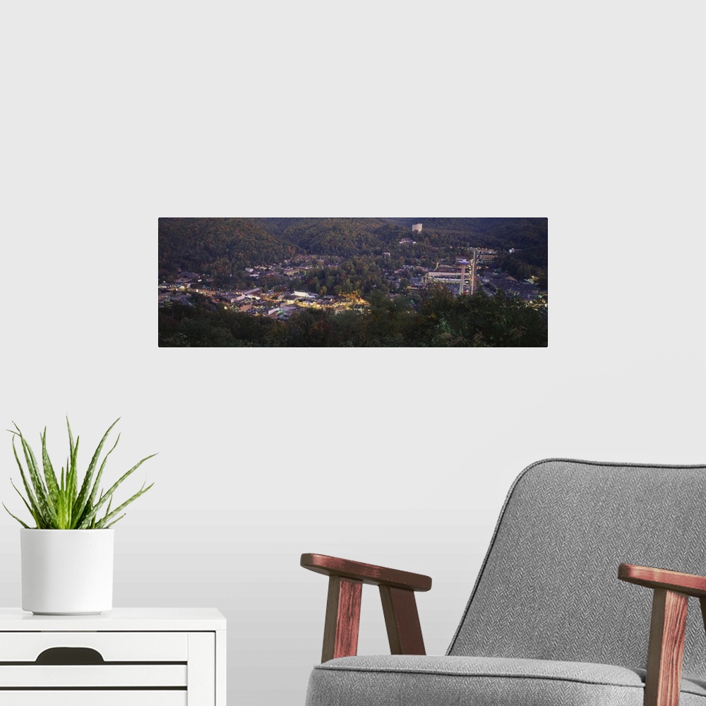 A modern room featuring Aerial view of a town, Great Smoky Mountains National Park, Gatlinburg, Sevier County, Tennessee