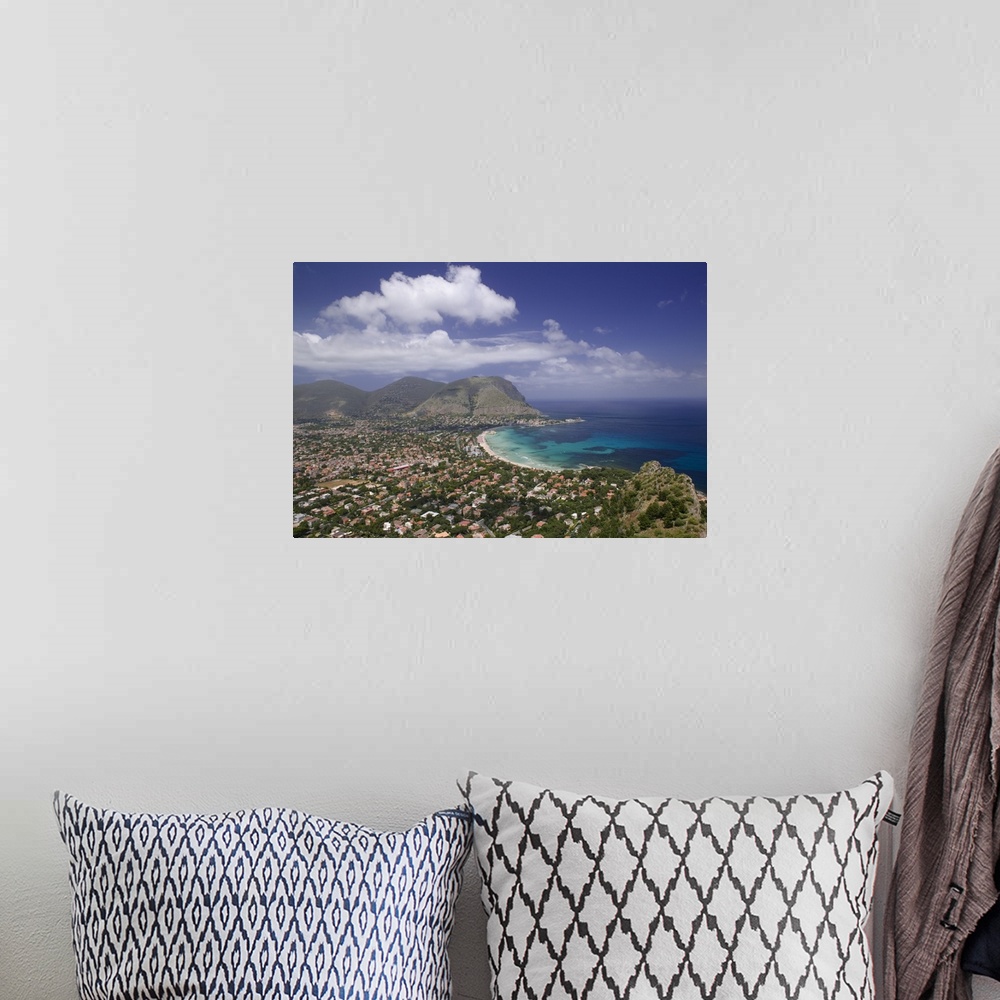A bohemian room featuring Aerial view of a town on a landscape, Mondello, Sicily, Italy