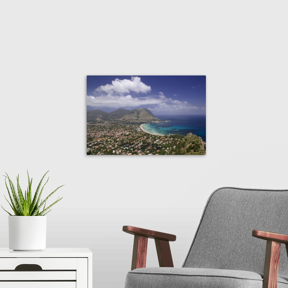 A modern room featuring Aerial view of a town on a landscape, Mondello, Sicily, Italy