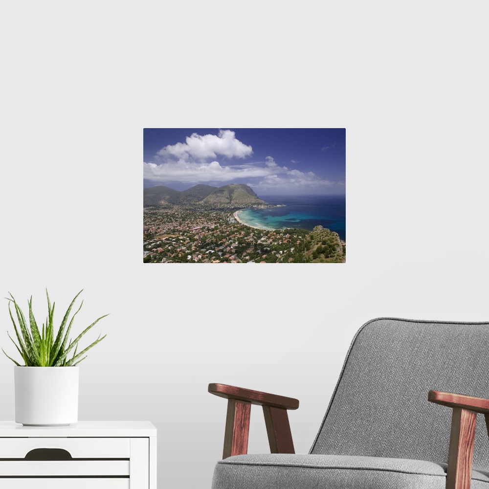 A modern room featuring Aerial view of a town on a landscape, Mondello, Sicily, Italy