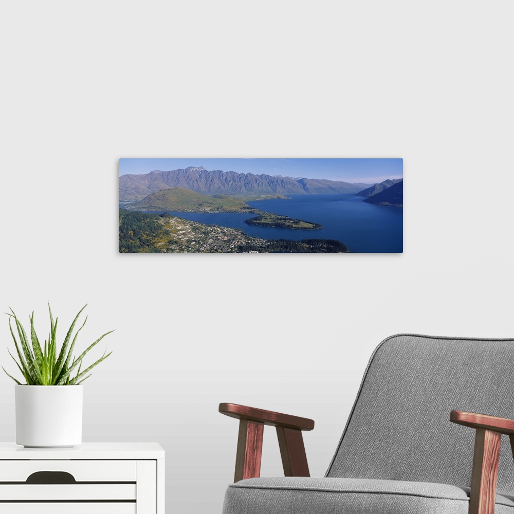 A modern room featuring Aerial view of an island, Queenstown, South Island, New Zealand