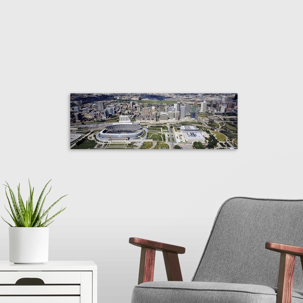 A modern room featuring Aerial view of buildings in a city, Chicago, Cook County, Illinois,