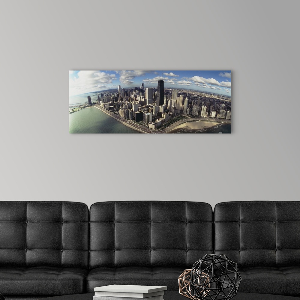 A modern room featuring Aerial view of buildings in a city, Chicago, Illinois