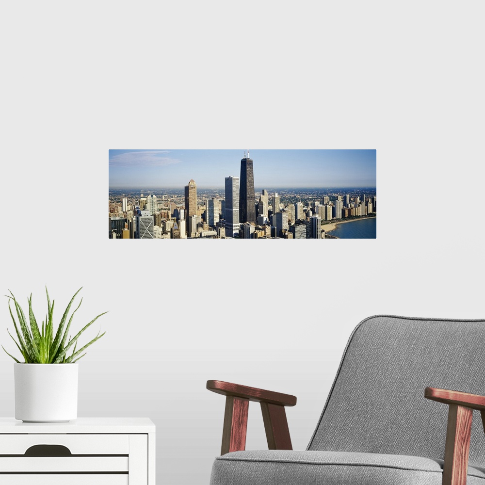 A modern room featuring Aerial view of buildings in a city, Chicago, Illinois